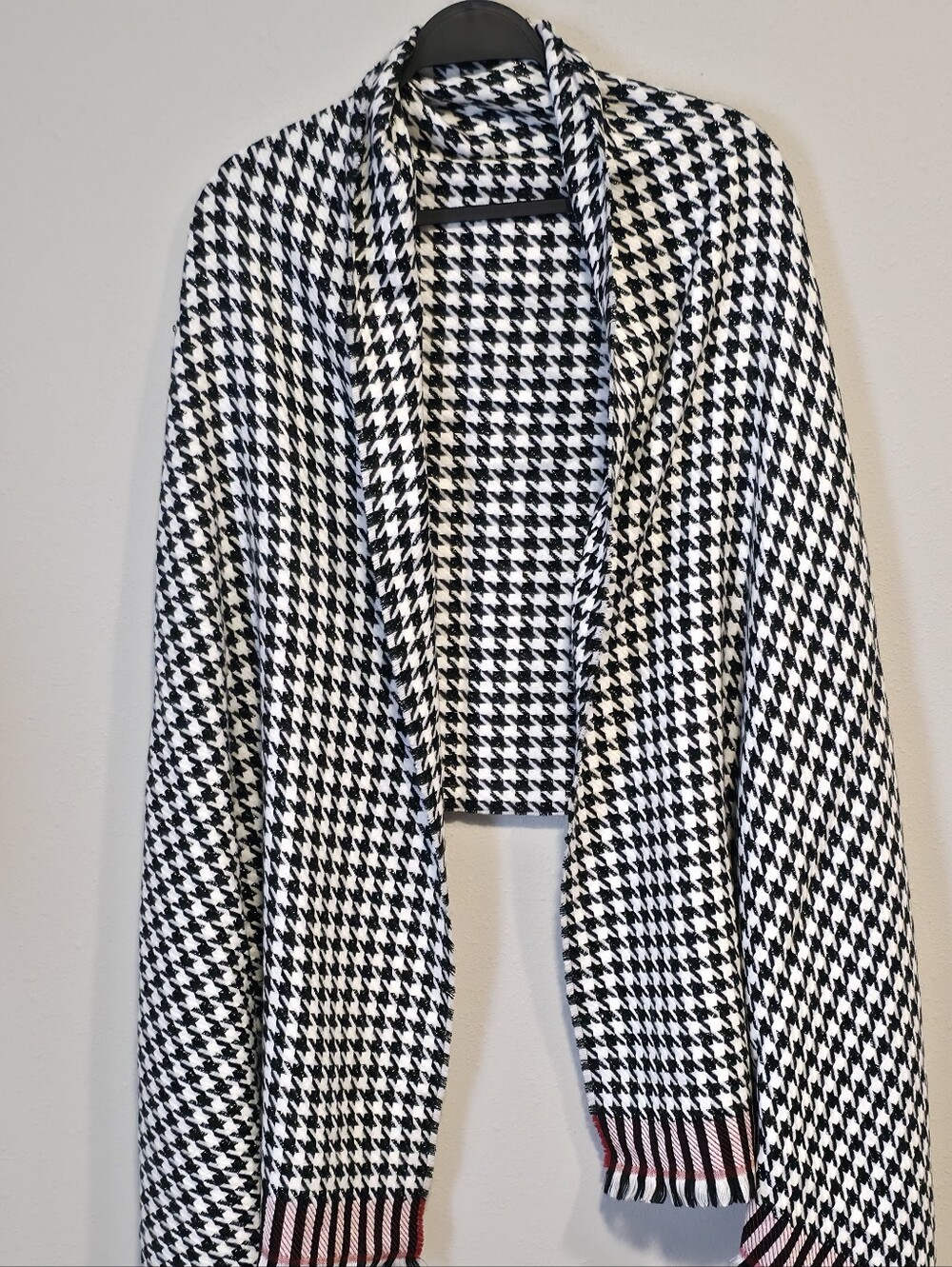 Chico's Black & White Houndstooth Cape with Red Trim